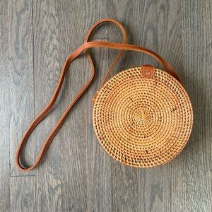 Authentic Bali Round Rattan Woven Bag Purse with Leather Strap, Batik Lining Tan